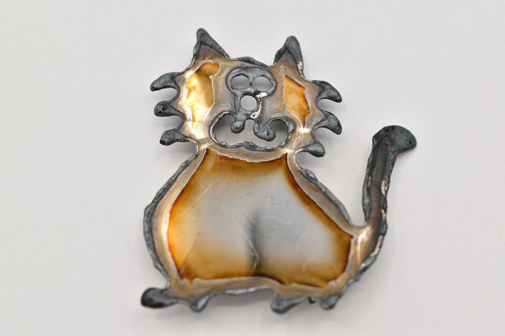 Vintage Carved Cat Pin Brooch Brutalist Metal Abstract Handcrafted BinJ